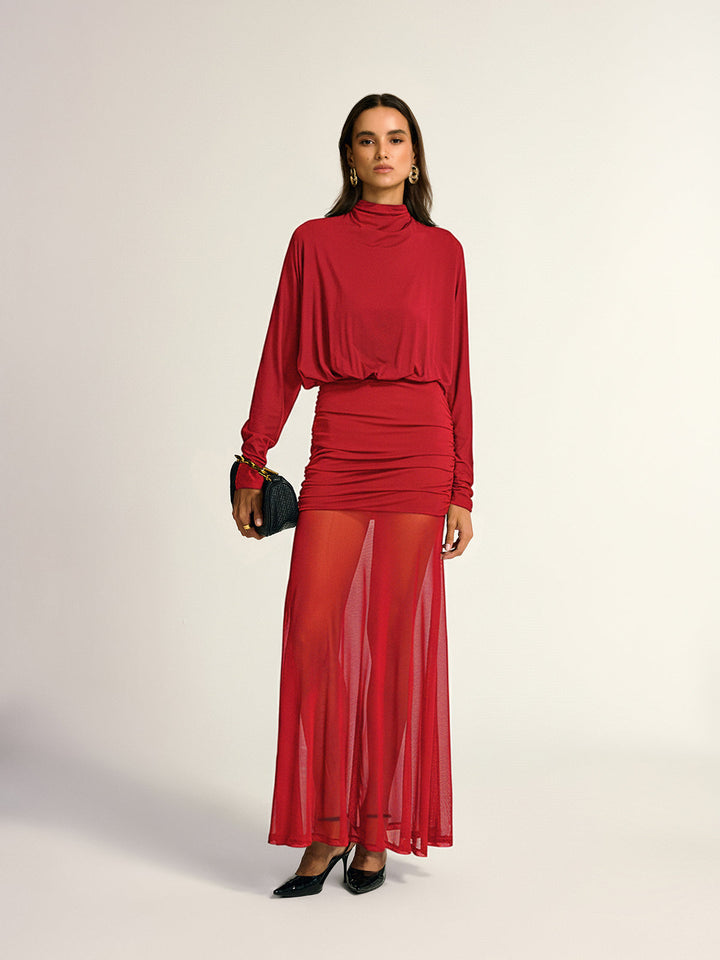 Turtleneck Long Sleeve Drape Ruched Mesh Dress