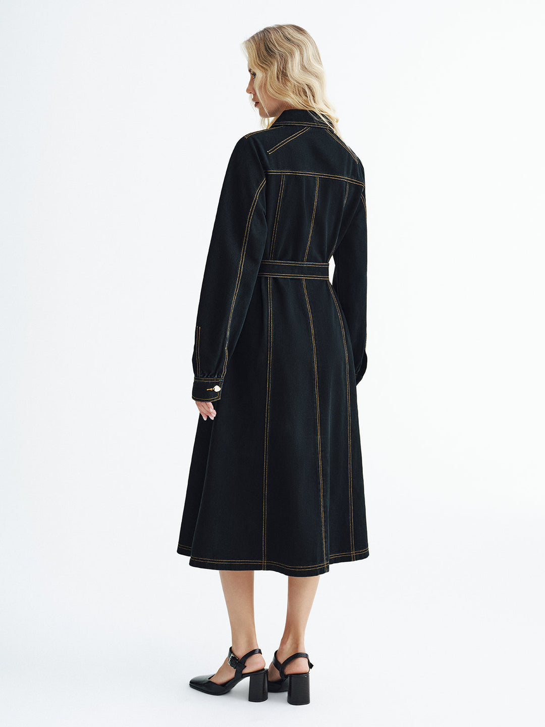 Metal Button Denim Belted Maxi Shirt Dress