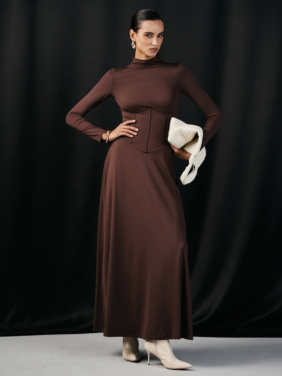 Mock Neck Corset Waist Long Sleeve Maxi Dress
