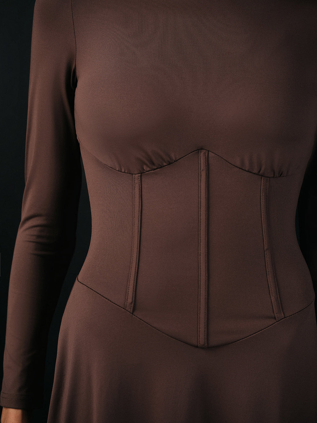 Mock Neck Corset Waist Long Sleeve Maxi Dress