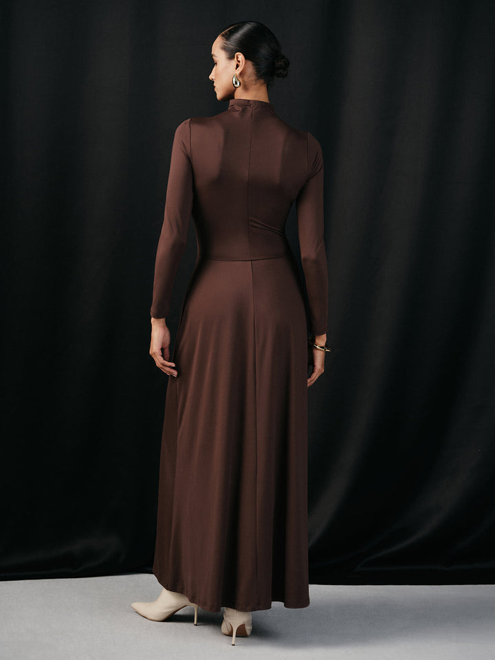 Mock Neck Corset Waist Long Sleeve Maxi Dress