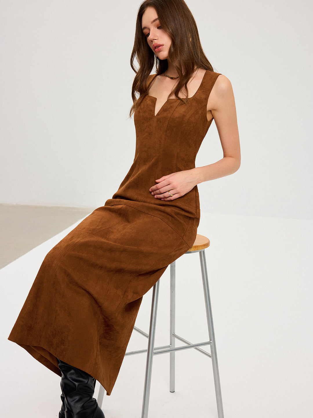 Suede Effect Low-Neck Sleeveless Maxi Dress