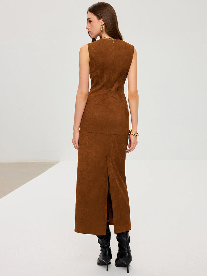 Suede Effect Low-Neck Sleeveless Maxi Dress