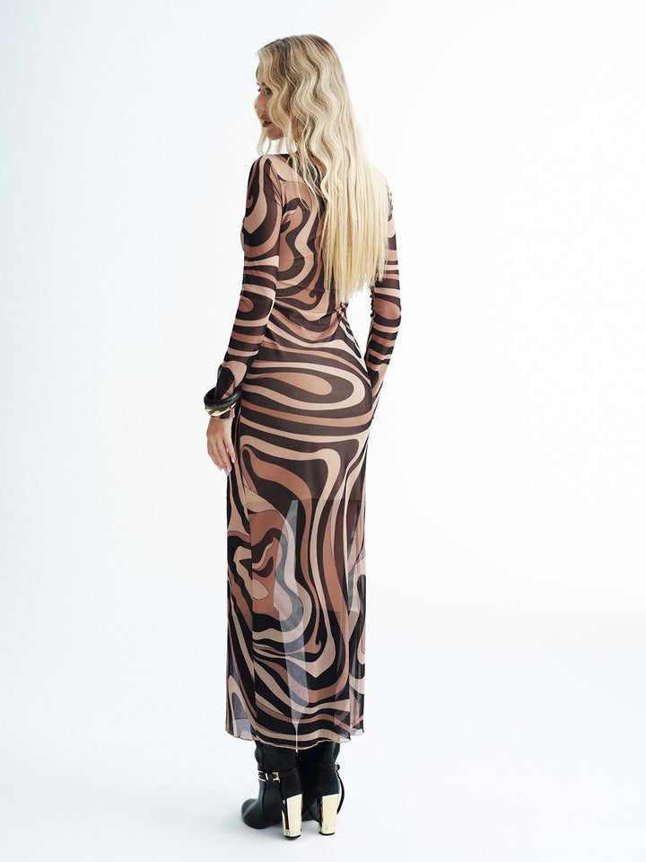 Abstract Print Mesh Maxi Dress