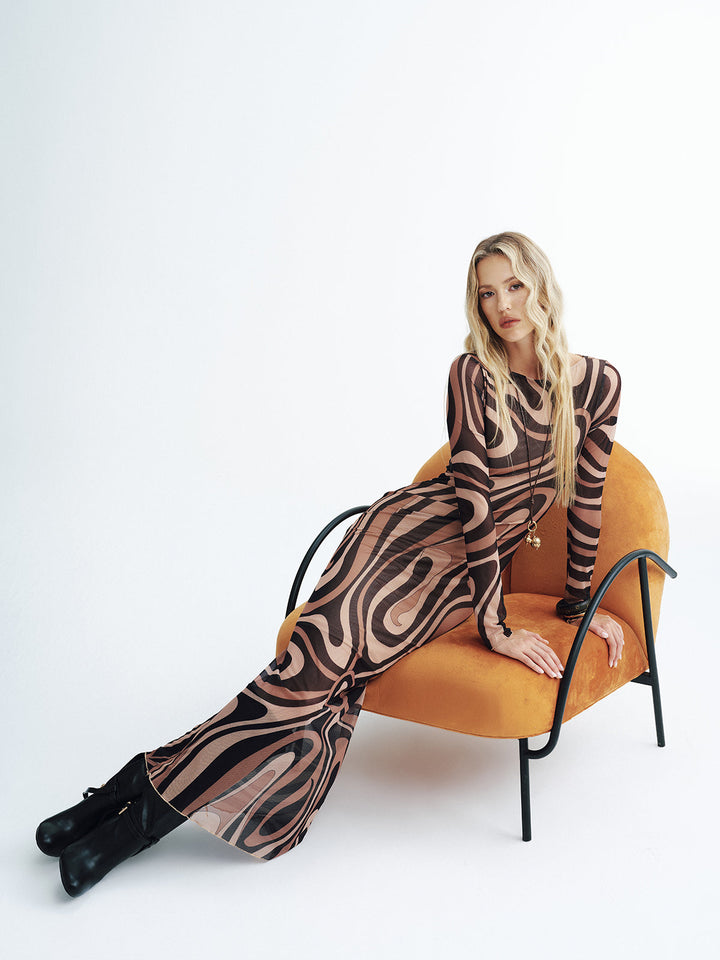 Abstract Print Mesh Maxi Dress