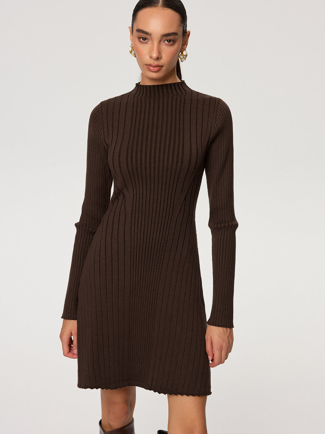 Ribbed Mock Neck Long Sleeve Knit Dress