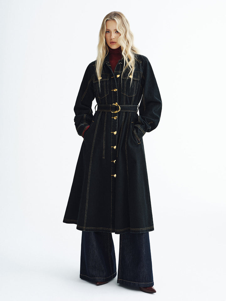 Metal Button Denim Belted Maxi Shirt Dress