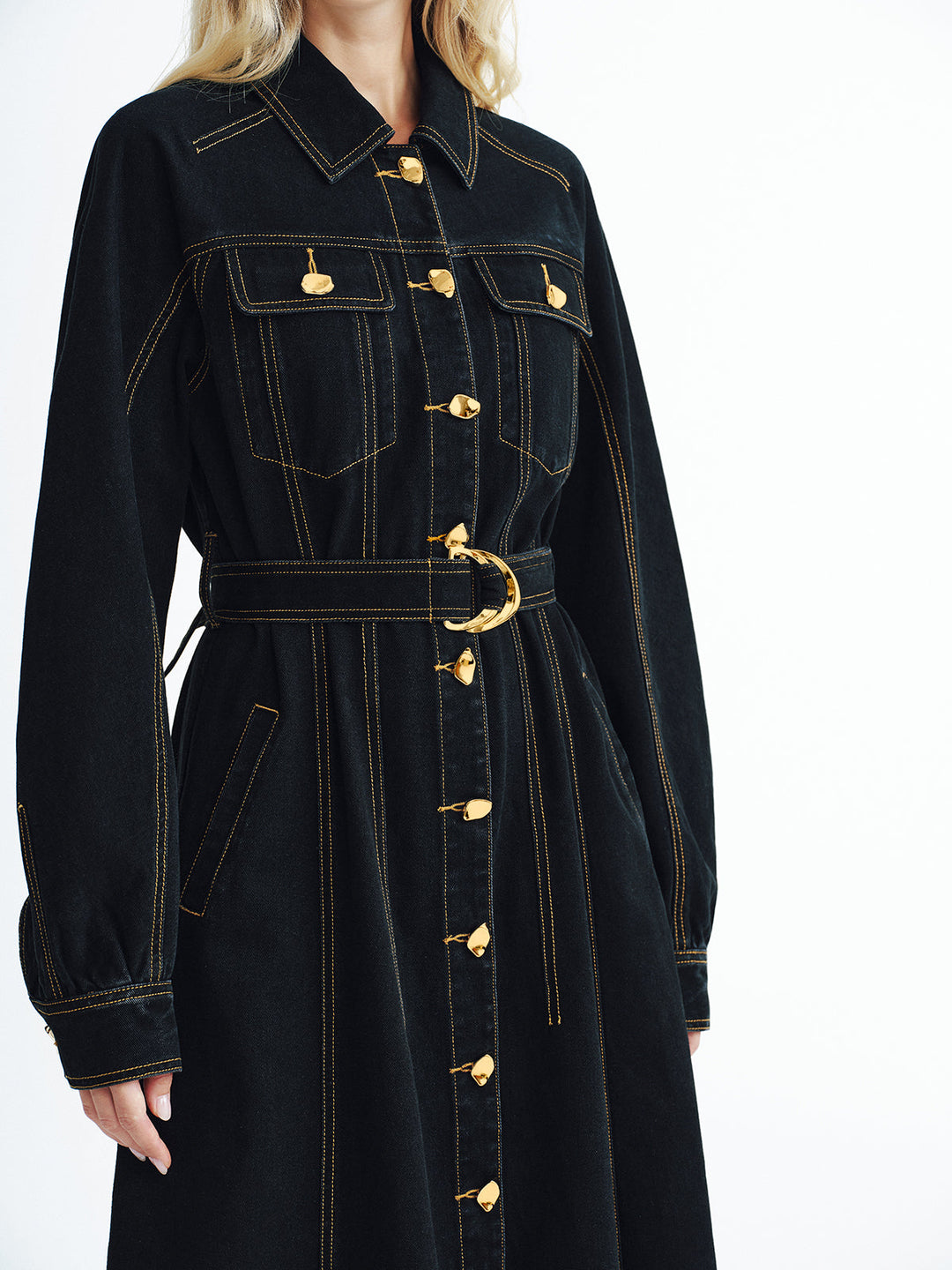 Metal Button Denim Belted Maxi Shirt Dress