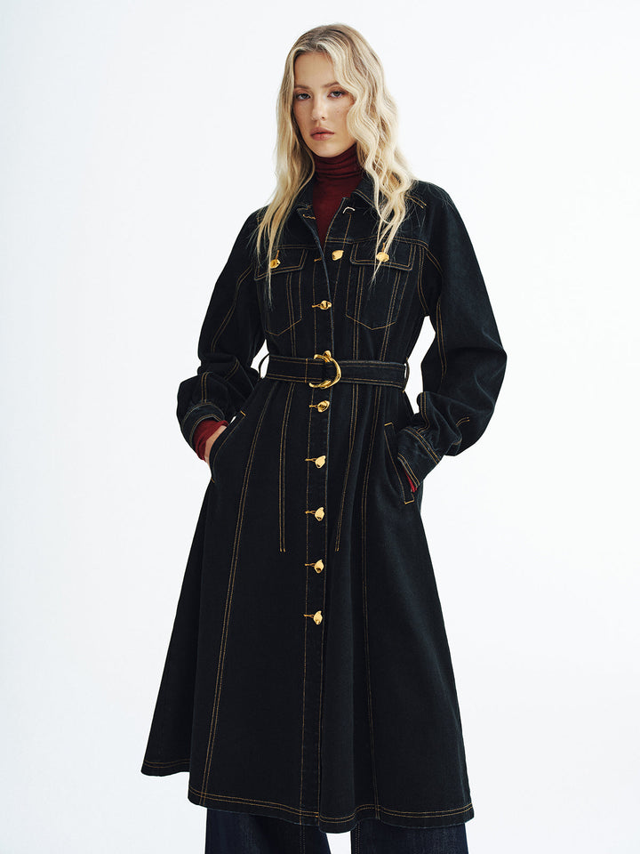 Metal Button Denim Belted Maxi Shirt Dress