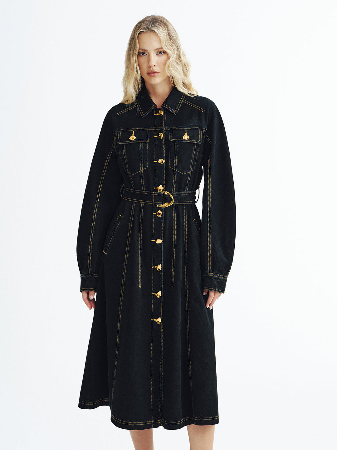 Metal Button Denim Belted Maxi Shirt Dress