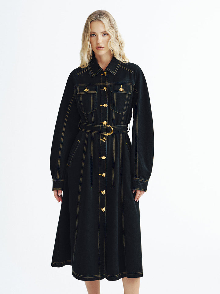 Metal Button Denim Belted Maxi Shirt Dress