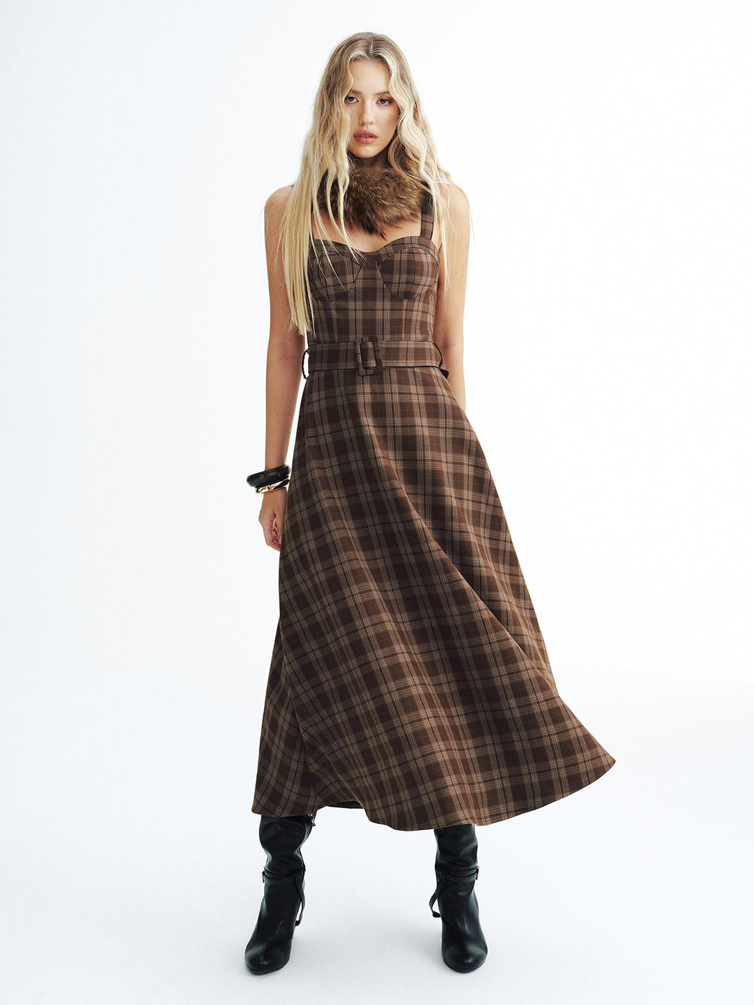 Belted Plaid Strappy Maxi Dress