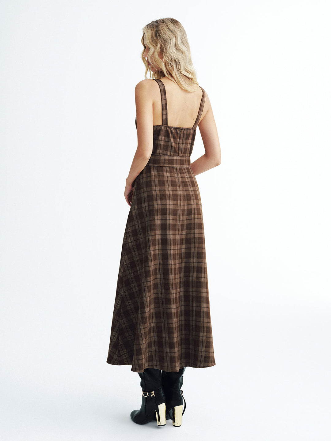 Belted Plaid Strappy Maxi Dress