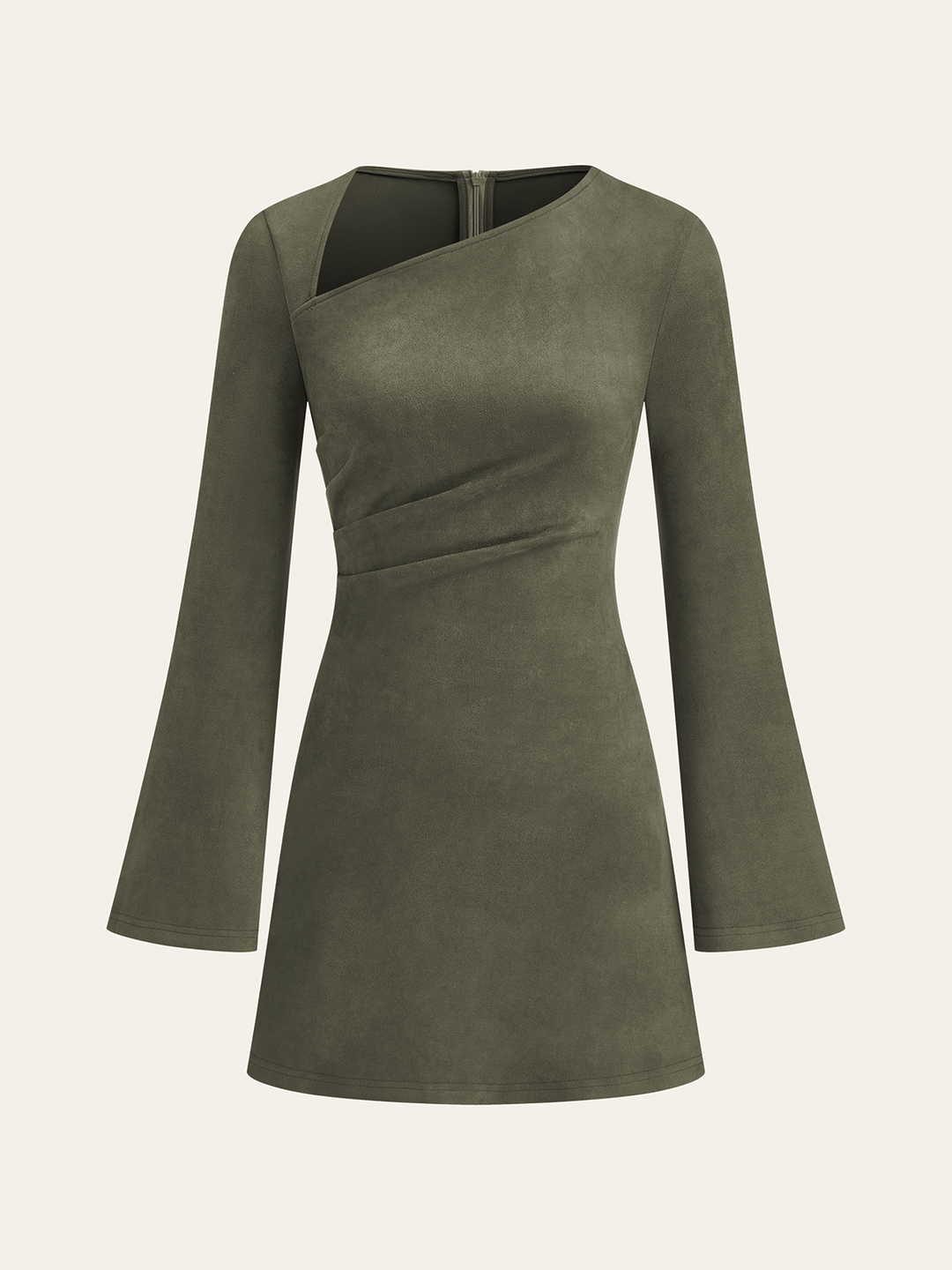 Asymmetrical Ruched Long Sleeve Suede Effect Mini Dress