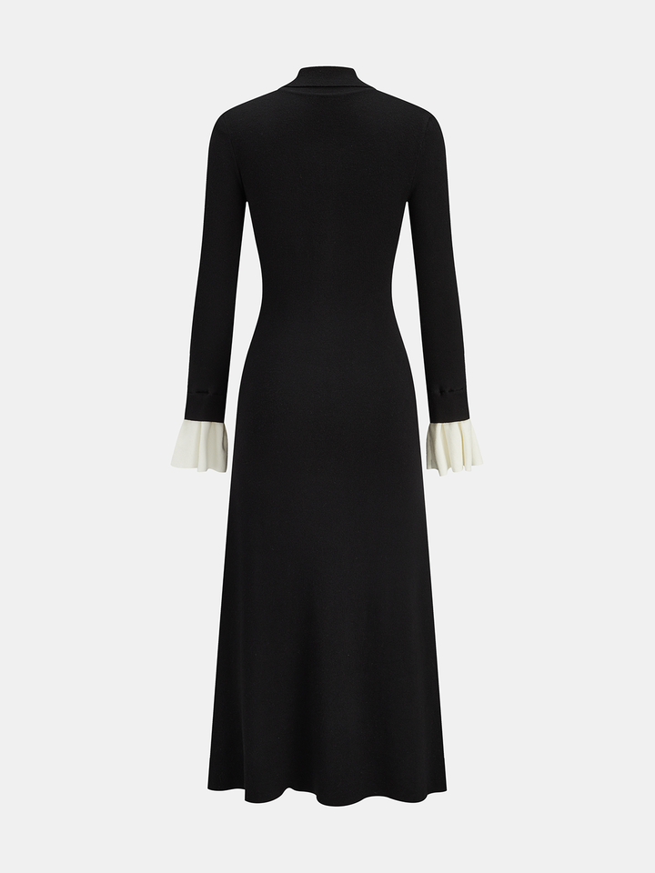 Contrast Cuff Collared Knit Maxi Dress