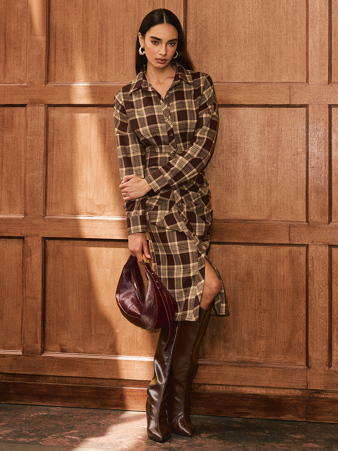 Ruched Button-Front Plaid Shirt Dress