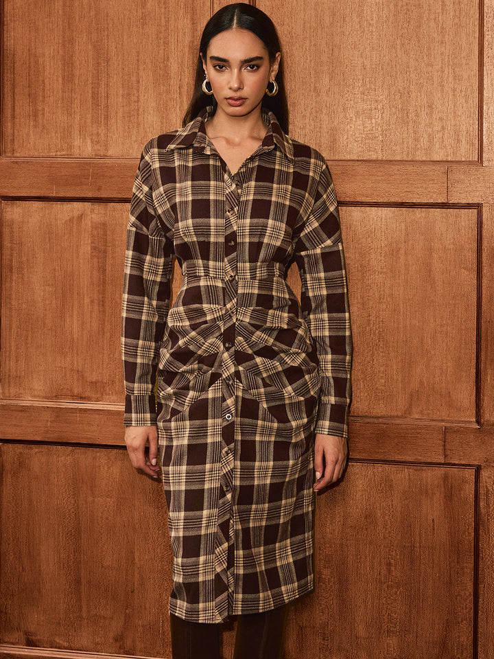 Ruched Button-Front Plaid Shirt Dress