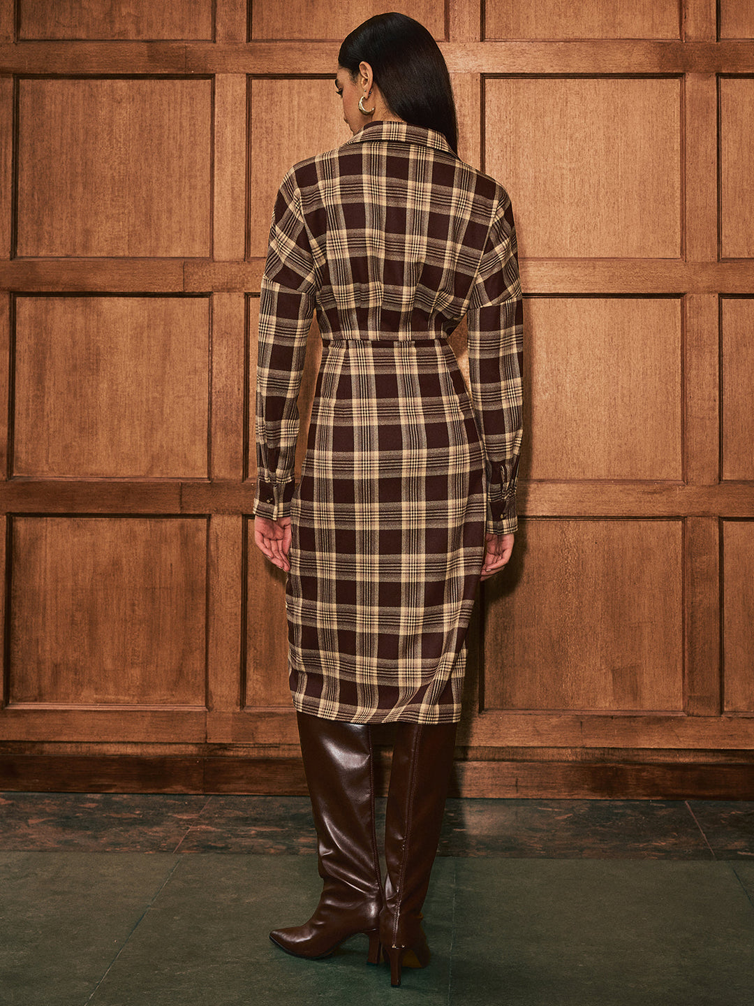 Ruched Button-Front Plaid Shirt Dress