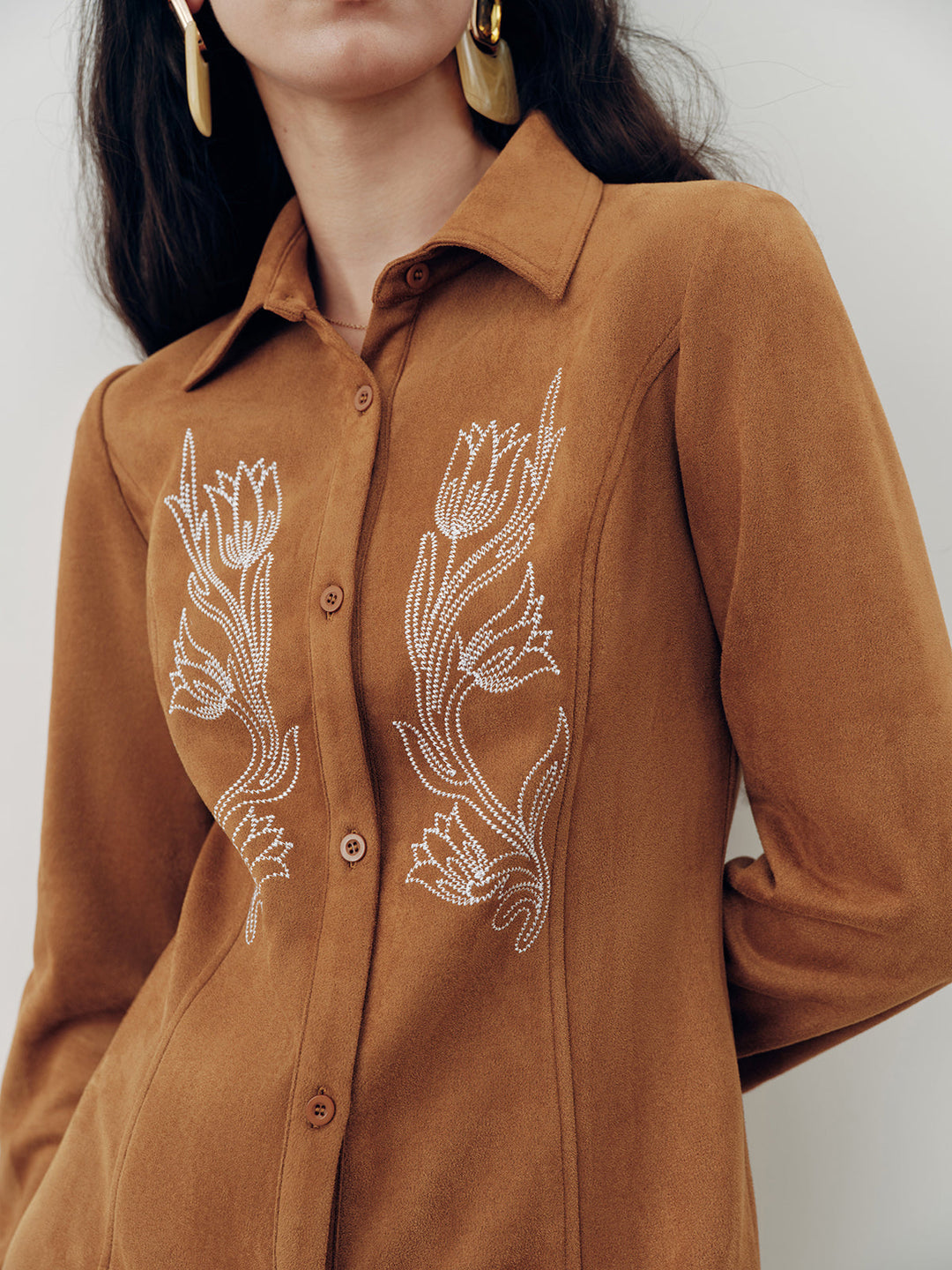 Suede Effect Floral Embroidery Shirt Dress