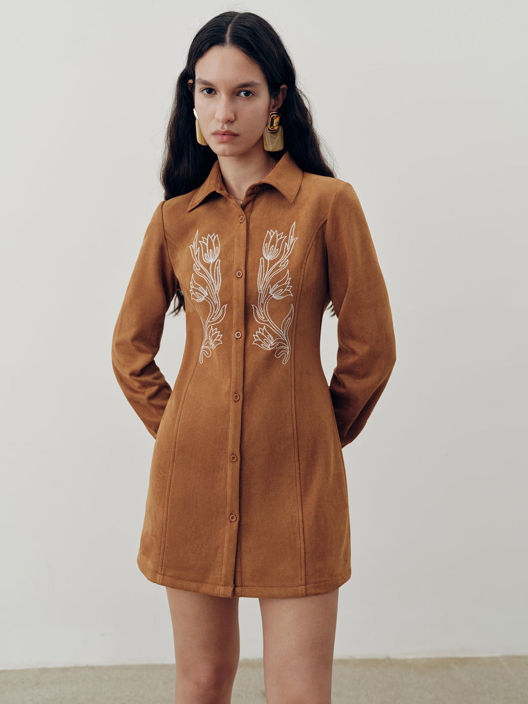 Suede Effect Floral Embroidery Shirt Dress