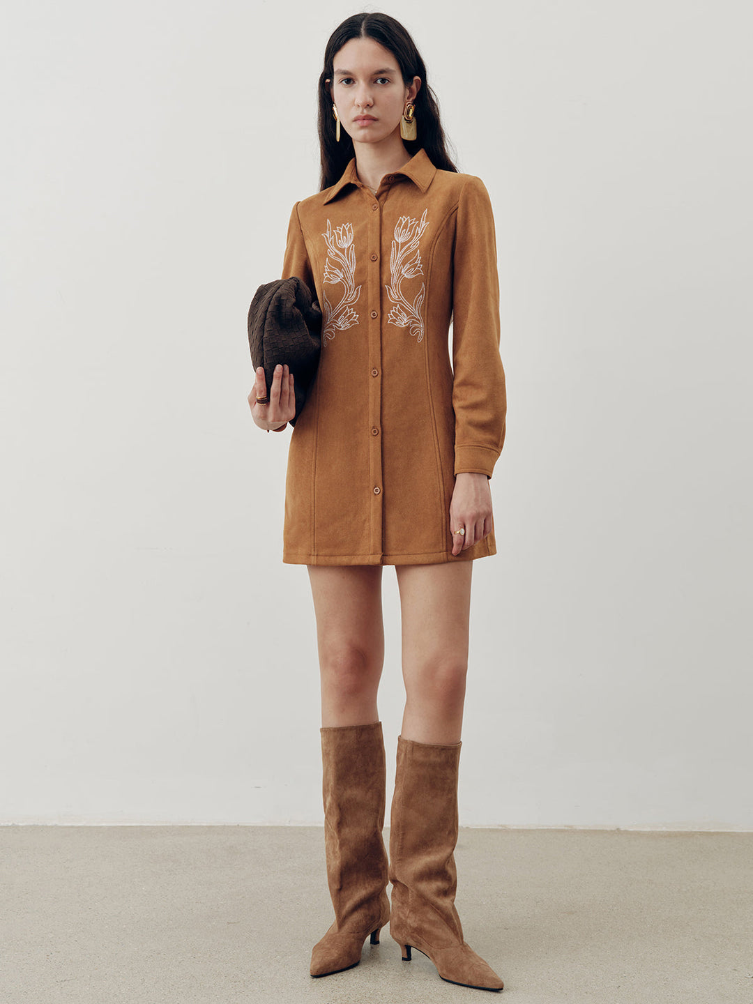 Suede Effect Floral Embroidery Shirt Dress