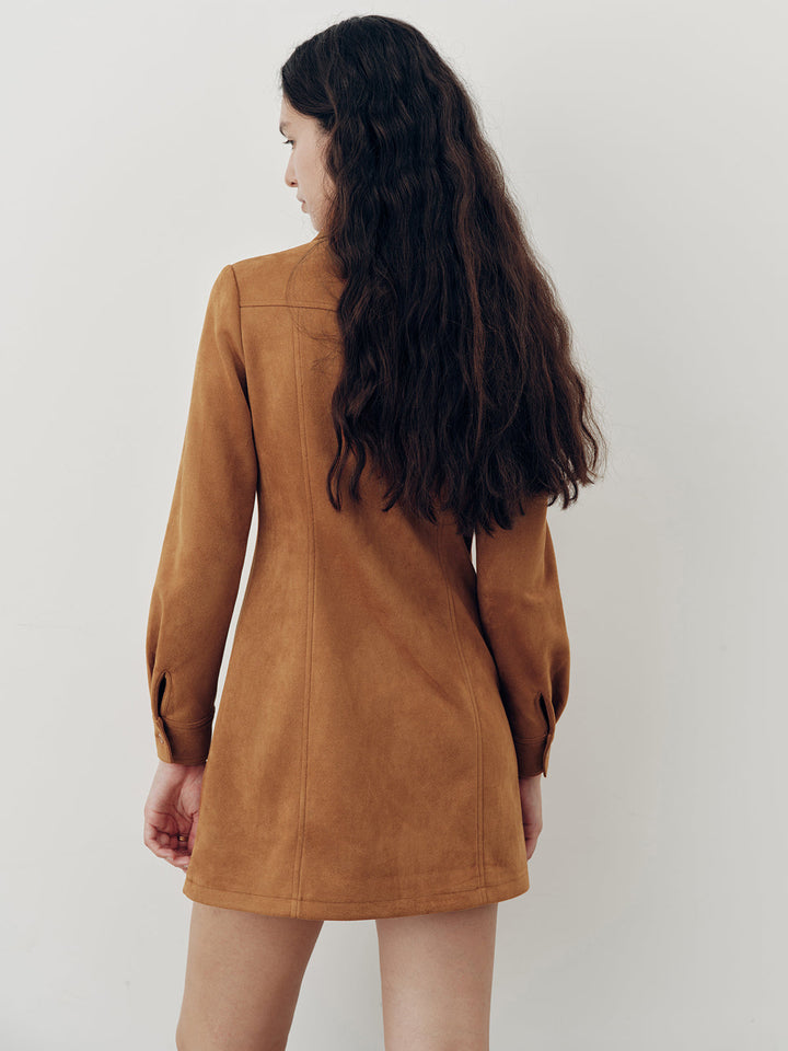 Suede Effect Floral Embroidery Shirt Dress