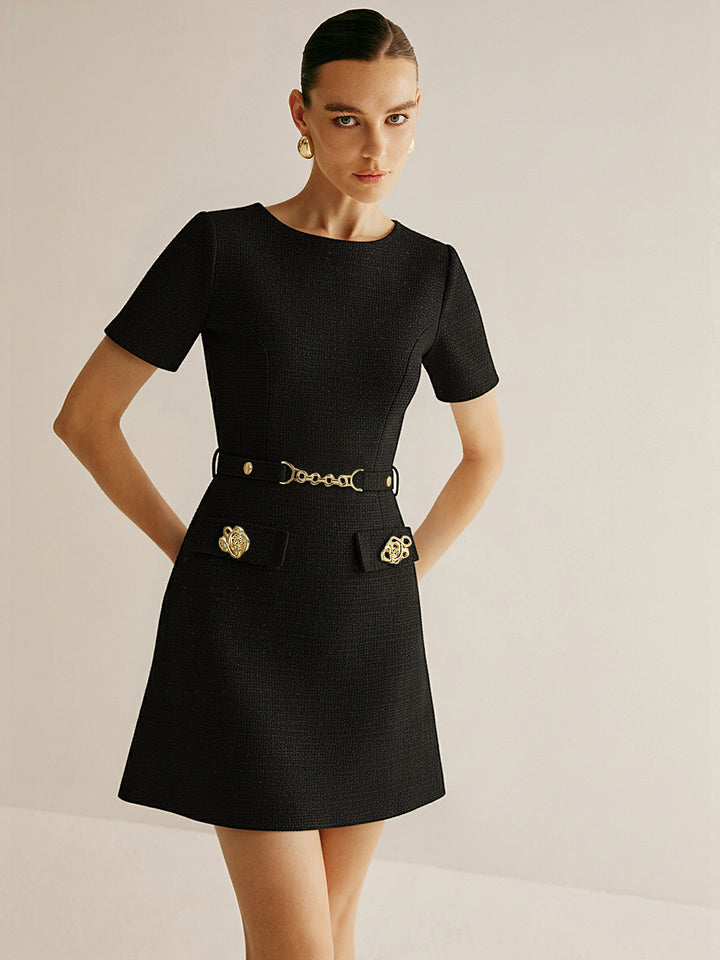 Metal Detail Tweed Belted Mini Dress