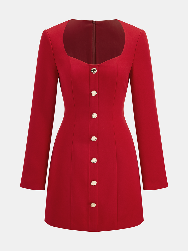 Square Neck Button Front Mini Dress