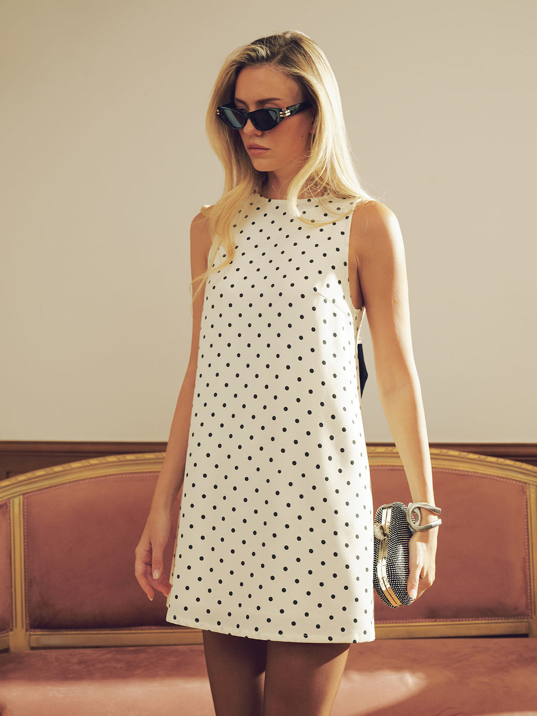 Polka Dot Mini Dress with Back Bow Detail