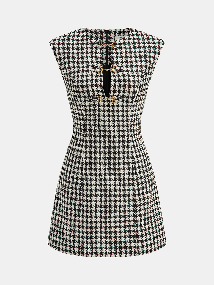 Houndstooth Tweed Mini Dress with Horsebit Detail