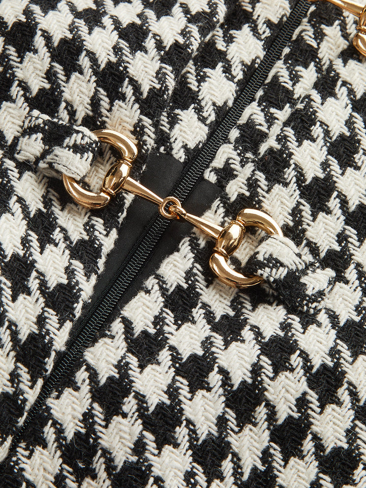 Houndstooth Tweed Mini Dress with Horsebit Detail