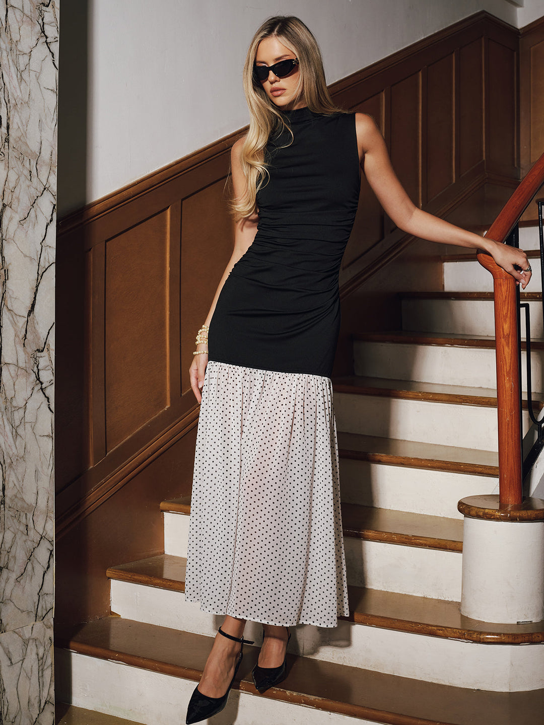 Polka Dot Hem Panel Sleeveless Ruched Maxi Dress