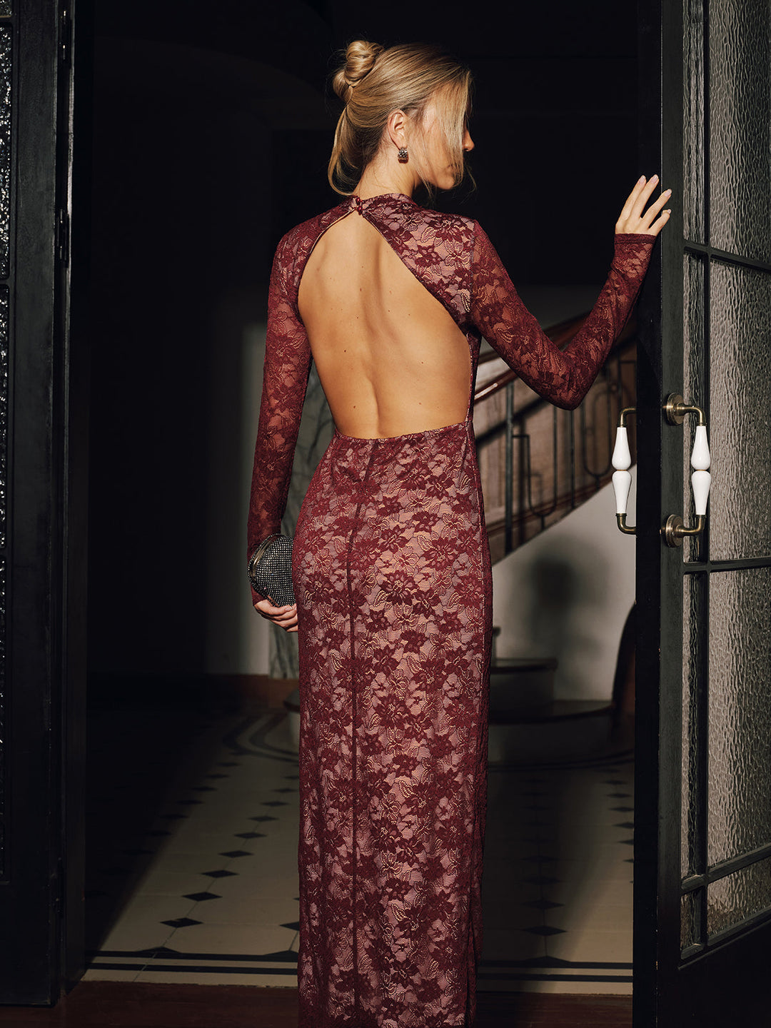 Lace Long Sleeve Fitted Backless Maxi Dress