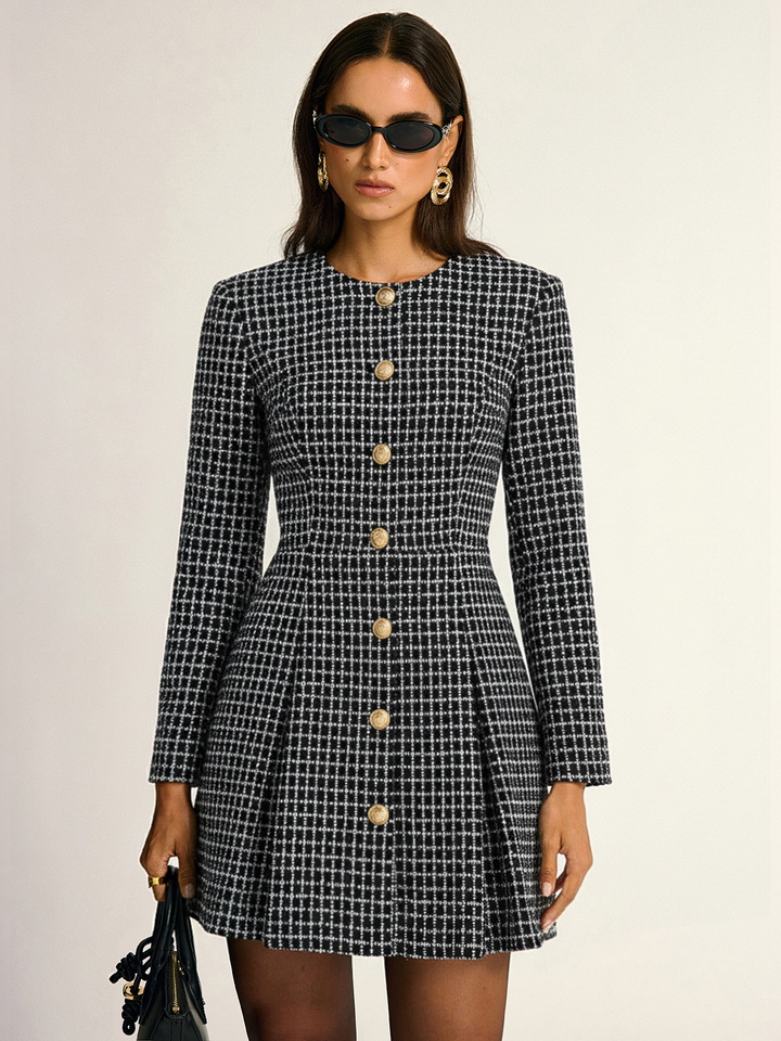 Plaid Metal Button A-Line Mini Dress
