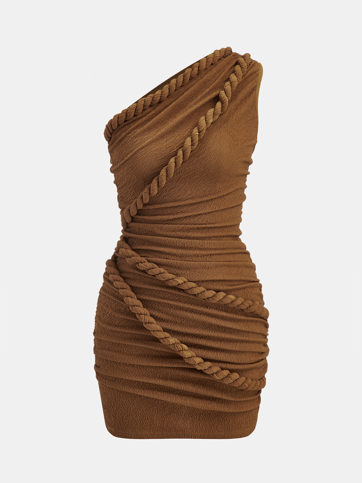 One-Shoulder Rope Ruched Mini Dress