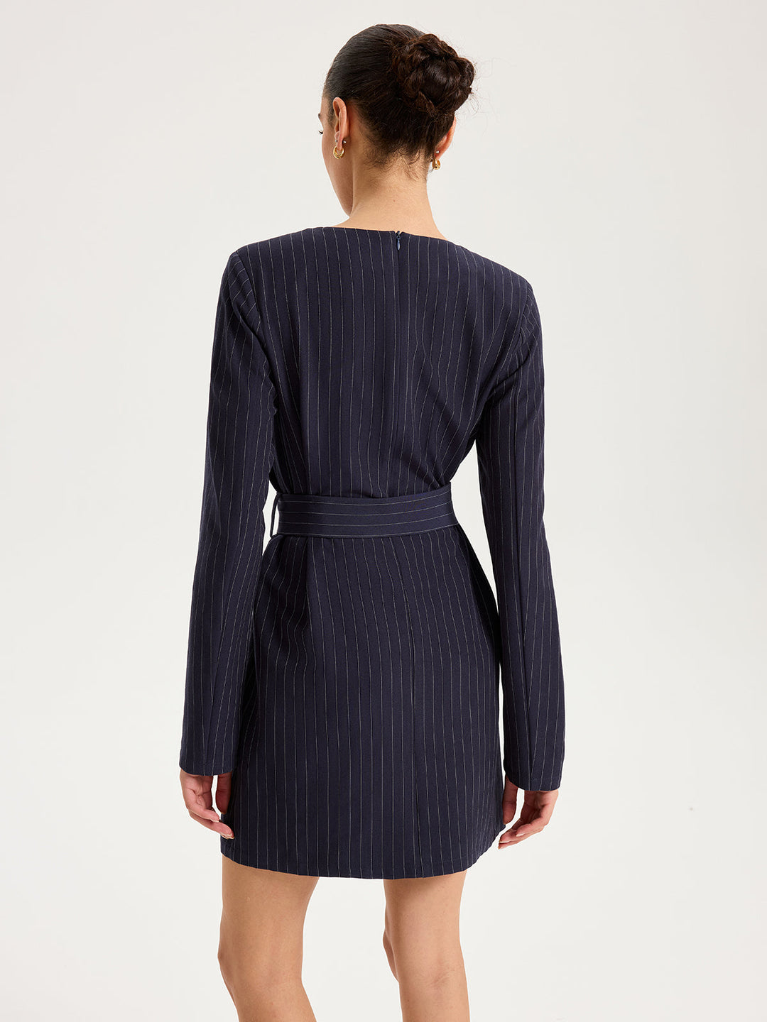 Long Sleeve Pinstripe Belted Mini Dress