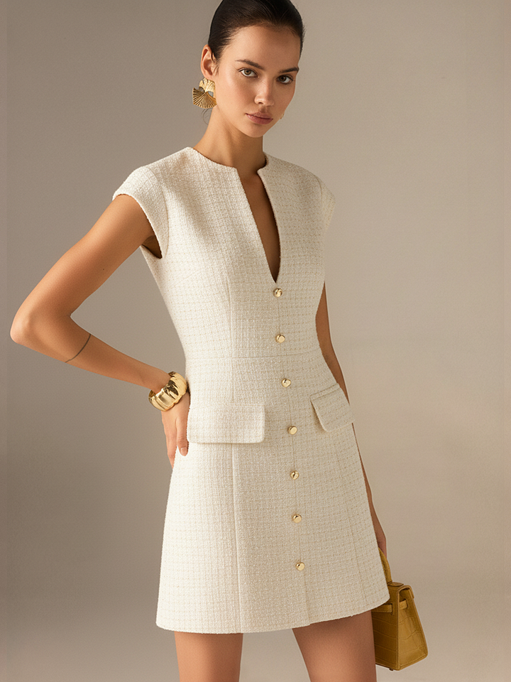 Metal Button Tweed Sleeveless Mini Dress