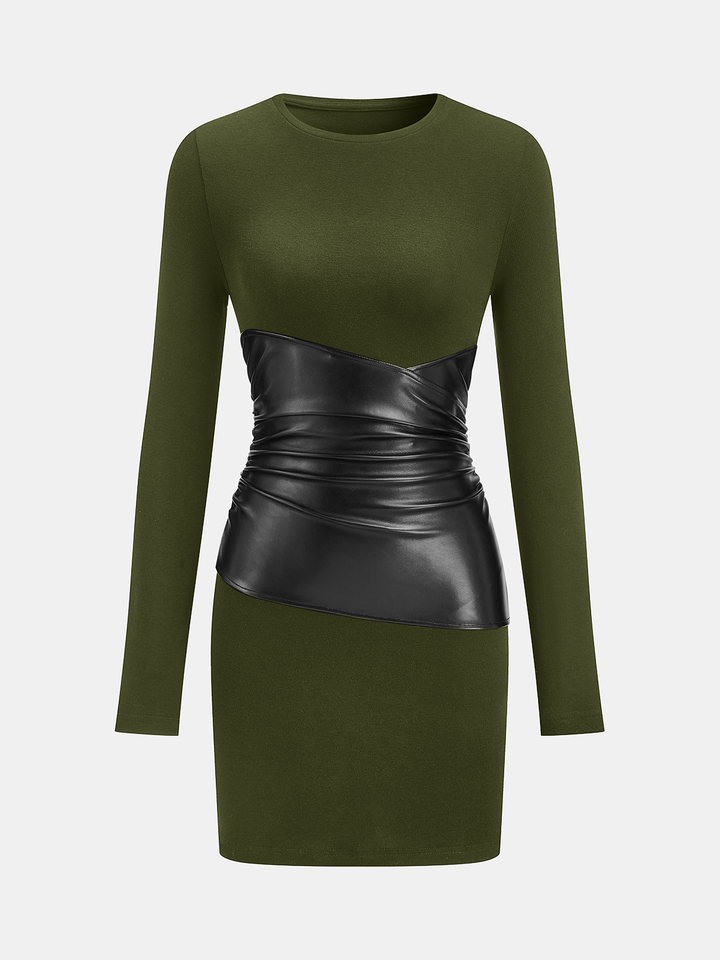 PU Leather Panel Long Sleeve Knit Dress