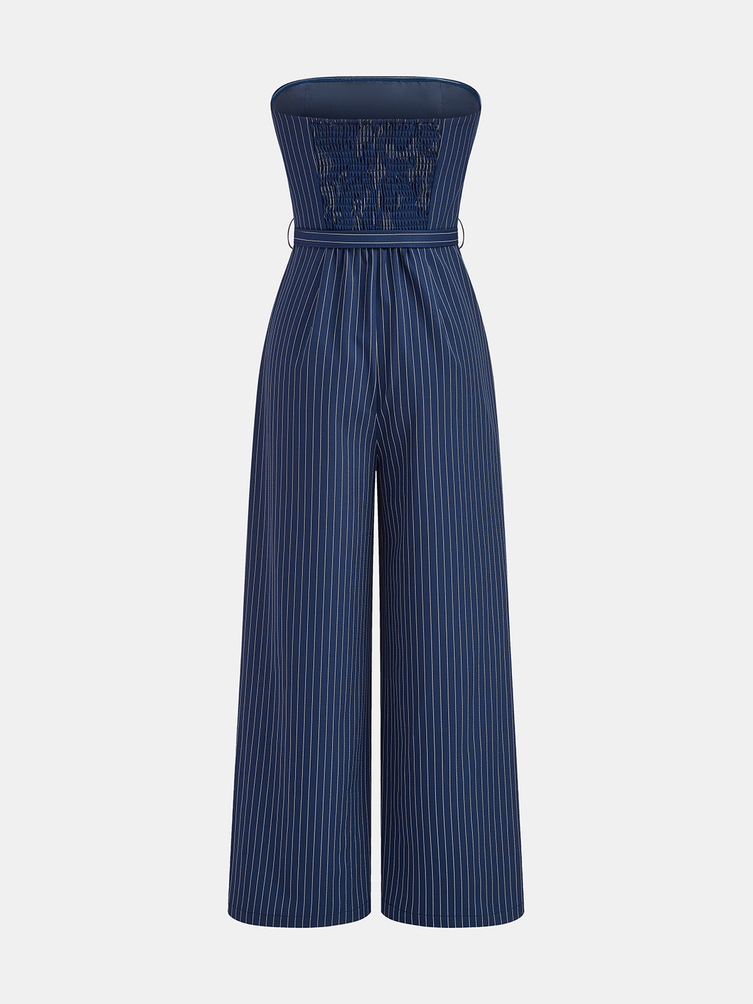 Transparent Strap Belted Pinstripe Jumpsuit