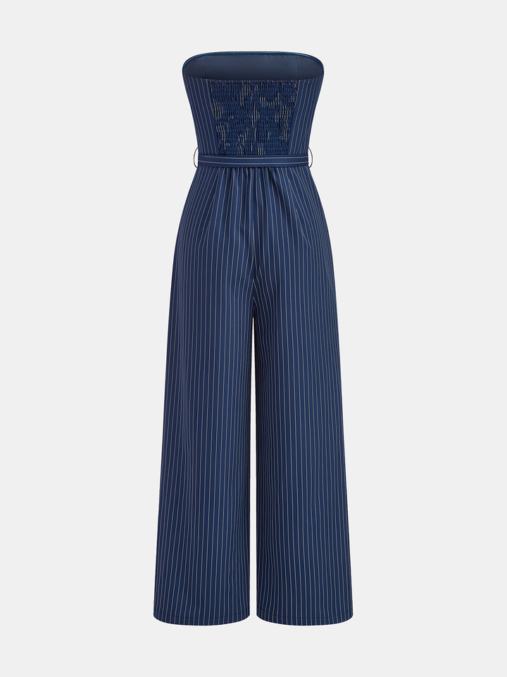 Transparent Strap Belted Pinstripe Jumpsuit