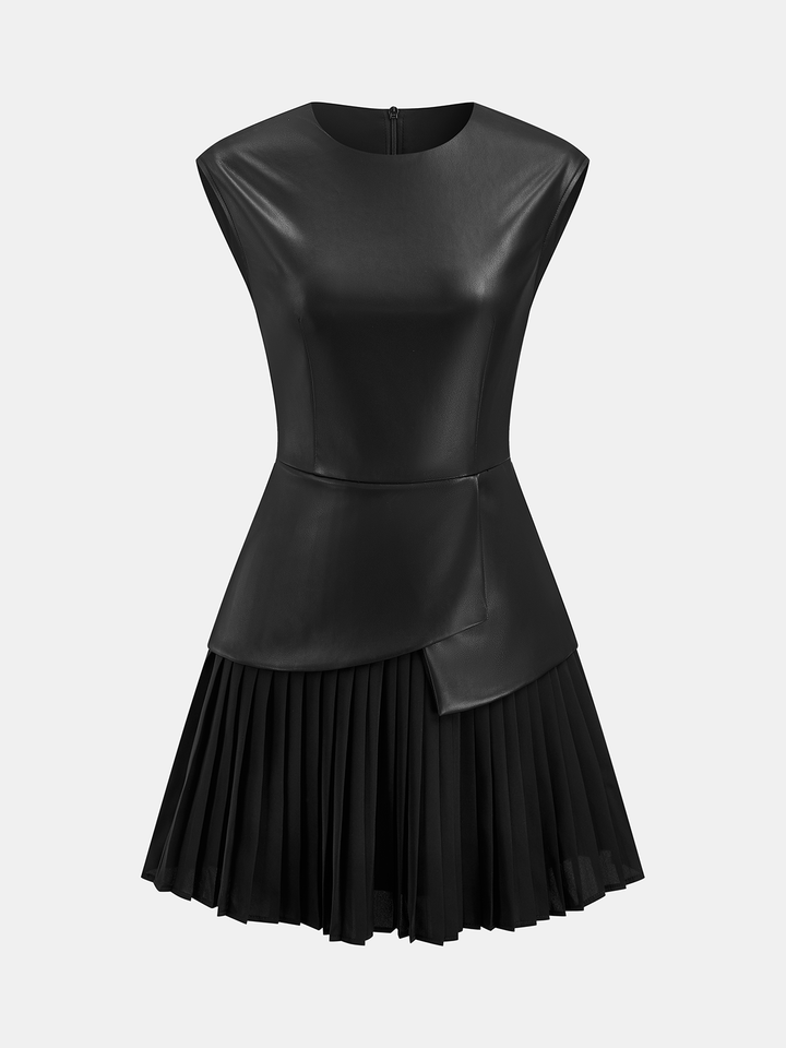 Pleated Panel Sleeveless PU Leather Dress
