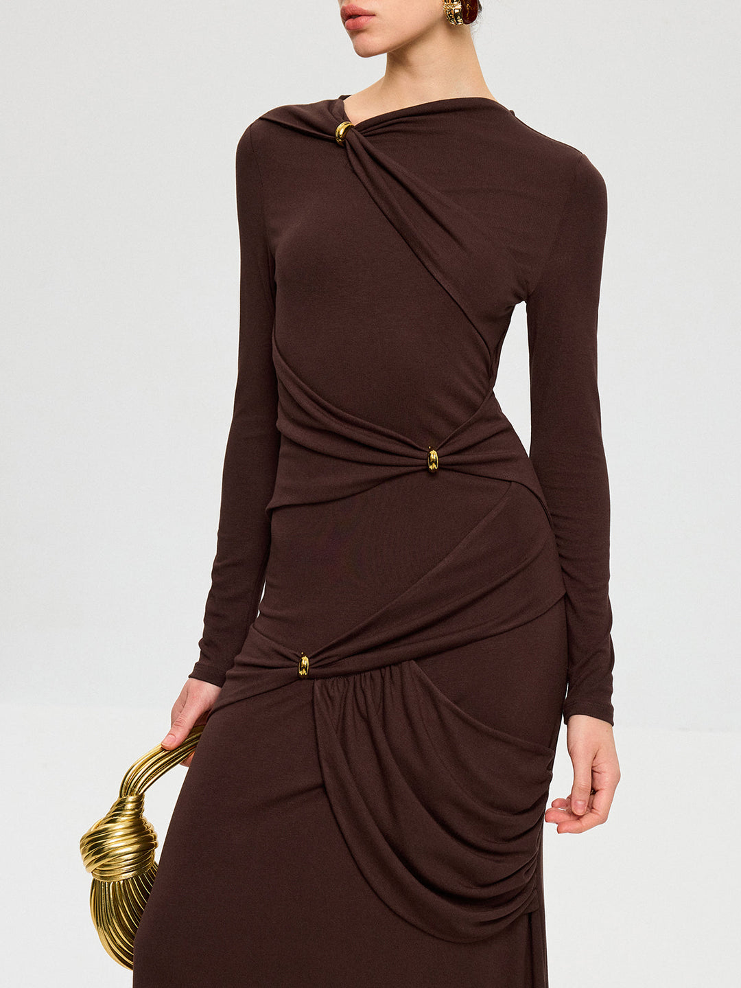 Metal Detail Long Sleeve Draped Maxi Dress