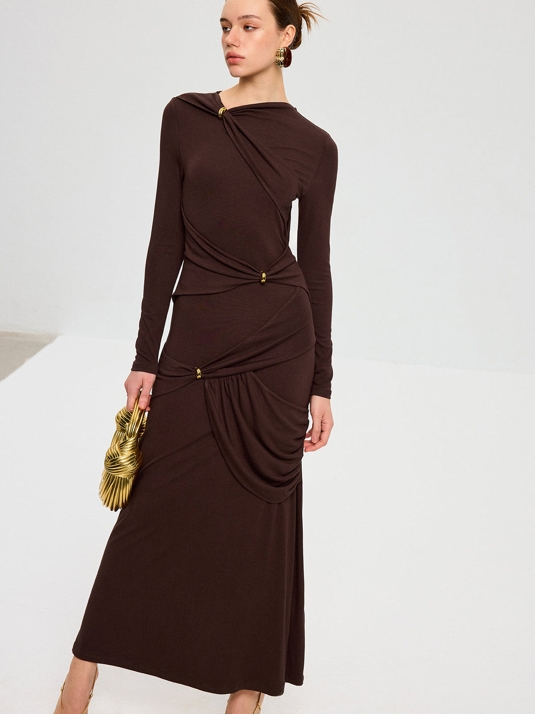 Metal Detail Long Sleeve Draped Maxi Dress