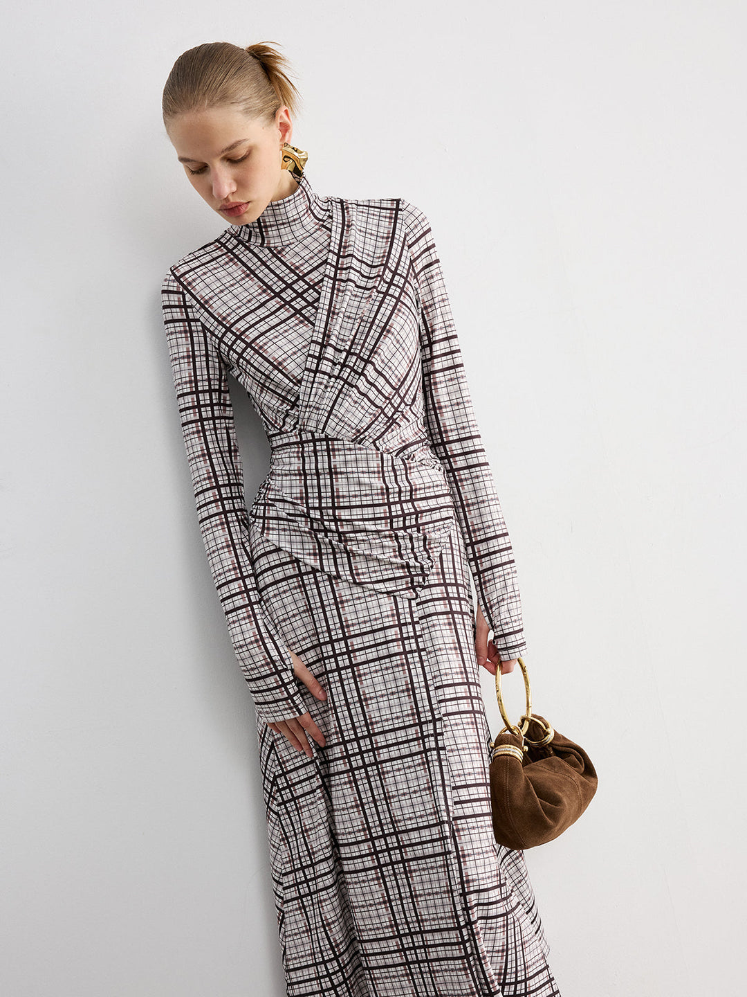 Checked Long-Sleeve Mock Neck Maxi Dress