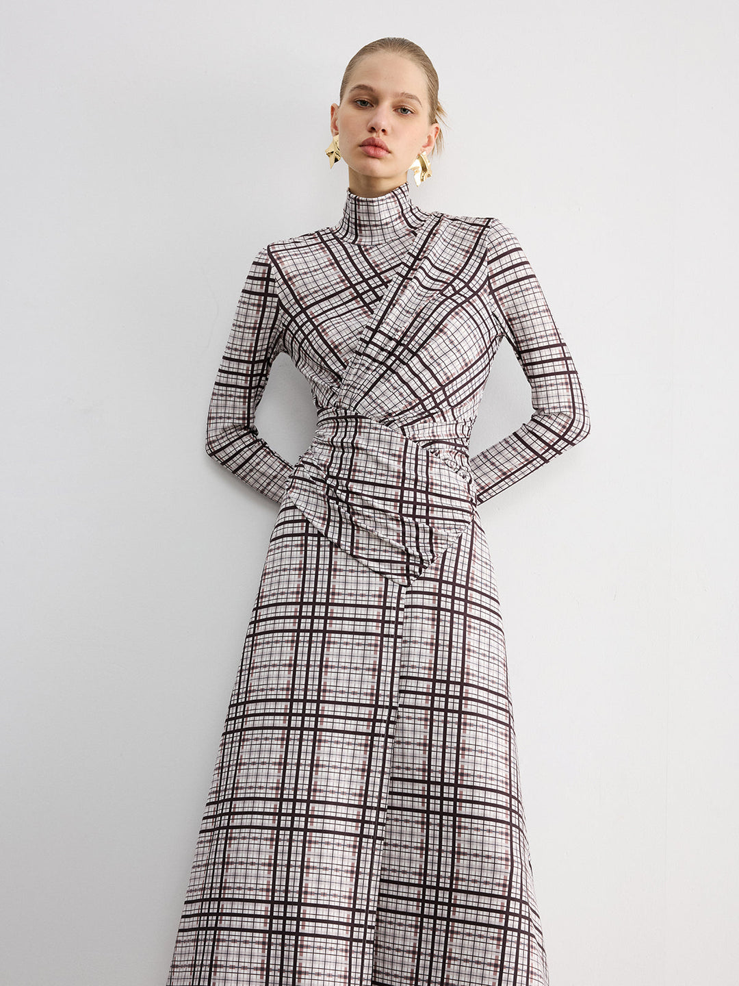 Checked Long-Sleeve Mock Neck Maxi Dress