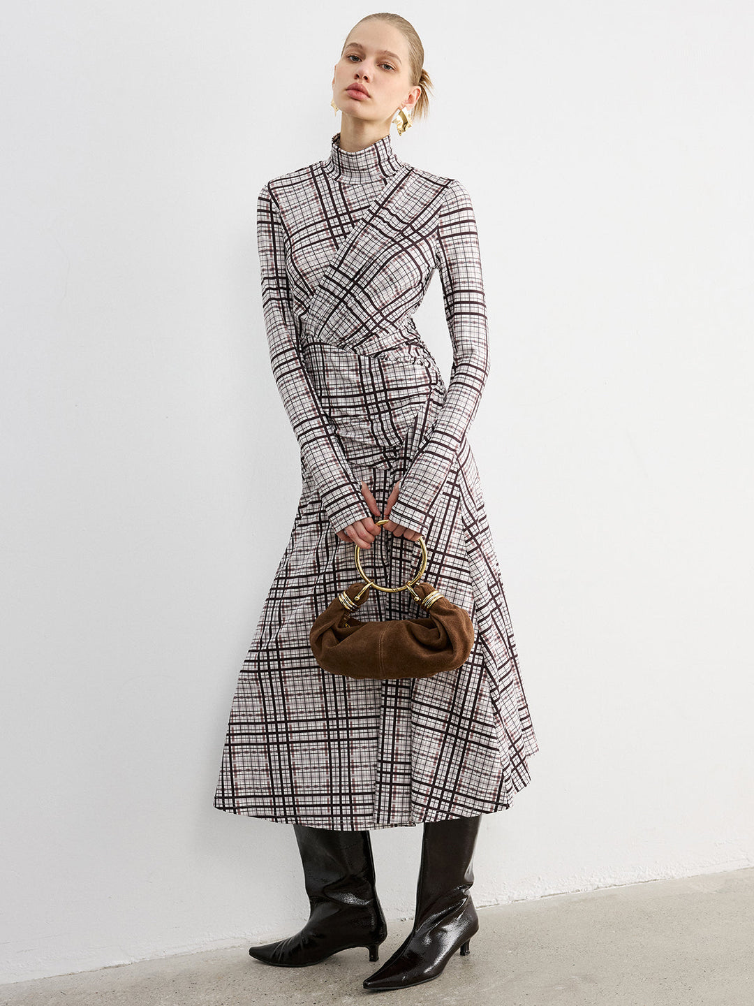 Checked Long-Sleeve Mock Neck Maxi Dress