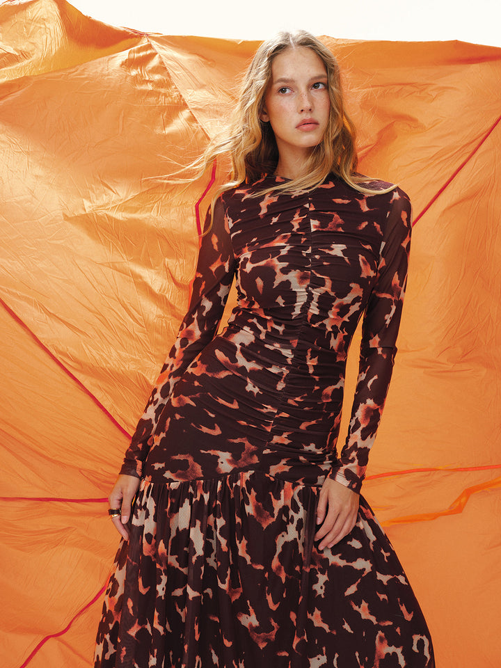 Leopard Print Ruched Mesh Maxi Dress without Belt