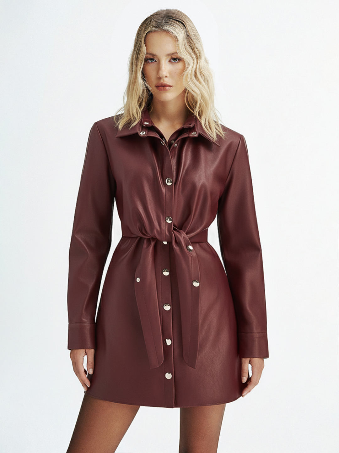 Double-Collar PU Leather Shirt Dress