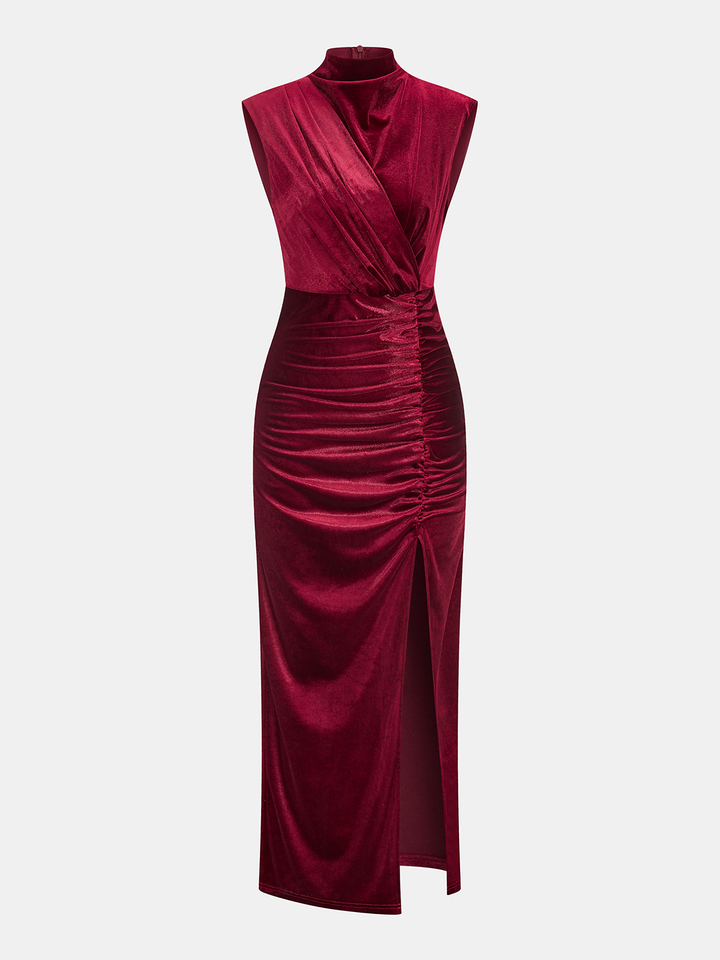 Sleeveless Side Slit Velvet Mock Neck Maxi Dress