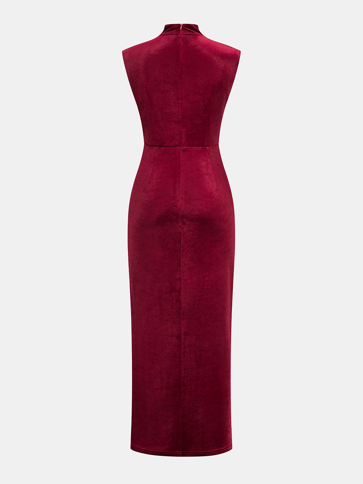 Sleeveless Side Slit Velvet Mock Neck Maxi Dress
